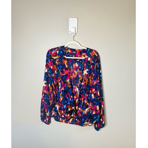 INC International Concepts • Abstract Print Faux Wrap Top Long Sleeve Size Large - Picture 1 of 5